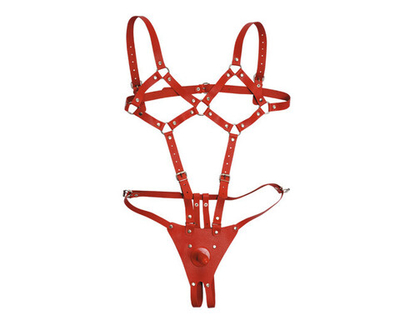 Кожаное боди харнес с креплением для фаллоса (красный) (Цвет: красный)