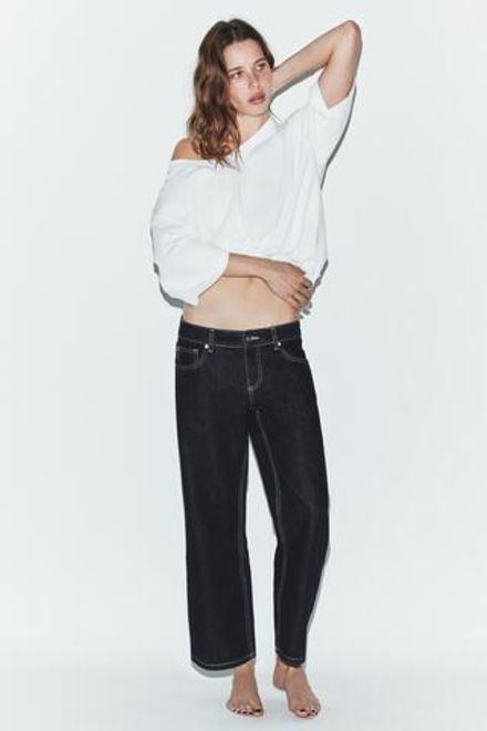 ZARA ДЖИНСЫ TRF WIDE LEG УКОРОЧЕННЫЕ С НИЗКОЙ ПОСАДКОЙ, МОРСКОЙ ТЕМНО-СИНИЙ