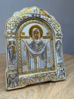 Покрова БМ, икона арочная с рамкой под стеклом, белое дерево 266х335
