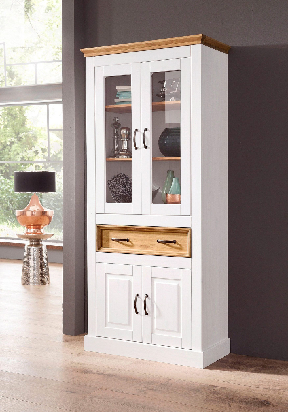 Шкаф-витрина деревянная Ландхаус 180 см, буфет для кухни из массива сосны с 4 дверями и ящиком