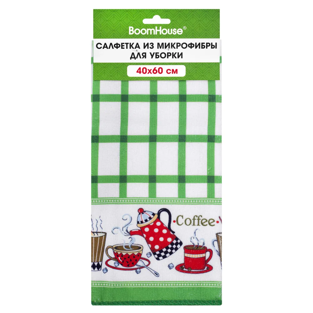 Салфетка из МИКРОФИБРЫ универсальная, 40х60 см, зеленая клетка, орнамент, 240 г/м2, BOOMHOUSE (БУМХАУС), 700878