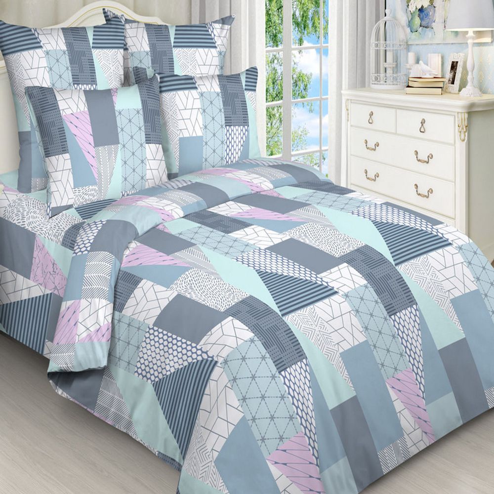 Комплект постельного белья "ВЛ. ЛОСКУТНЫЙ ГОЛУБОЙ", бязь, 100% хлопок, Россия.