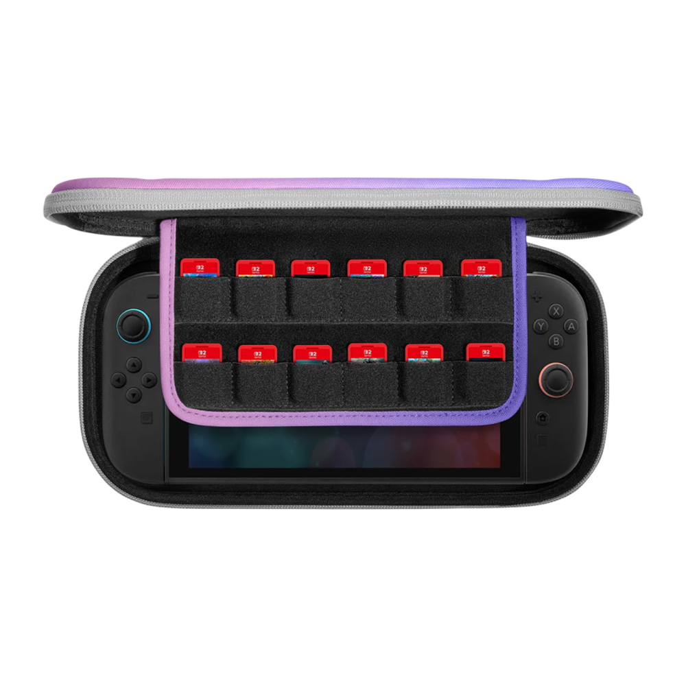 Тканевый чехол tomtoc FancyCase-G05 Slim Case Gradient для Nintendo Switch 2 Водостойкий укреплённый гибридный чехол с ремешком-ручкой и застёжками-молниями YKK. Вмещает до двенадцати картриджей с играми