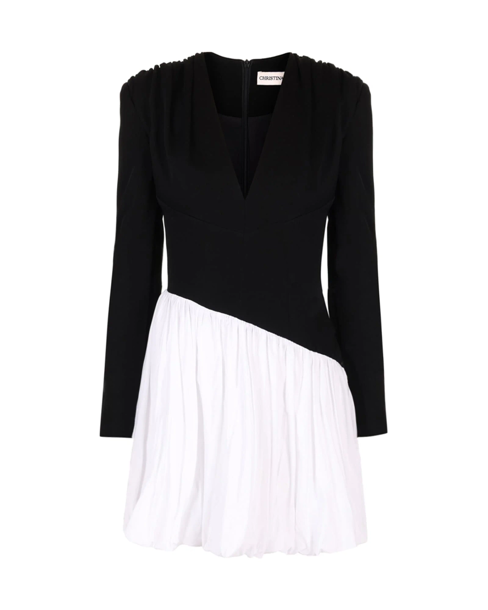 Платье-баллон с V-образным вырезом, Черно-белый