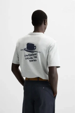 ZARA ФУТБОЛКА С ПРИНТОМ, СЕРЫЙ С МЕЛАНЖЕВЫМ ЭФФЕКТОМ