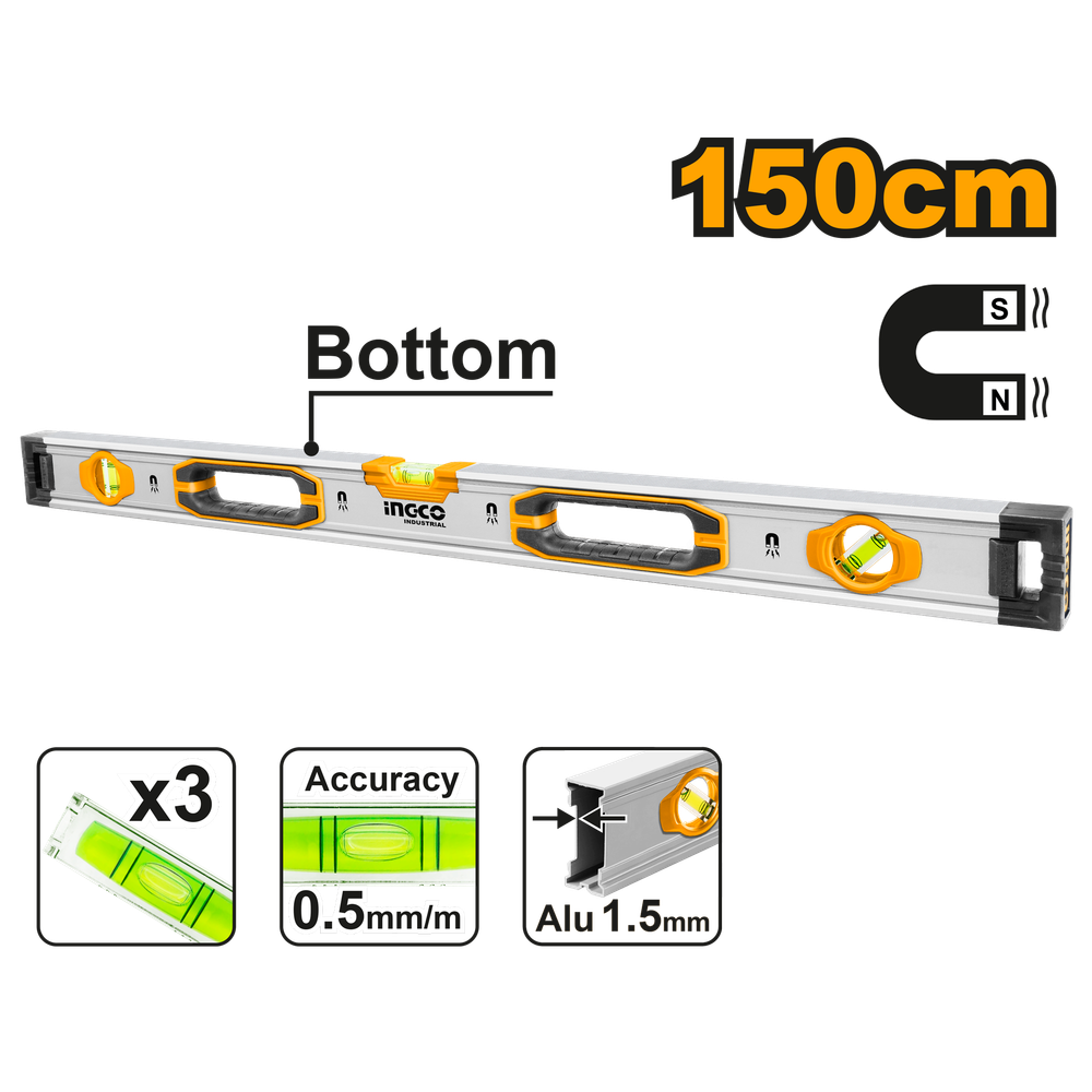 Строительный алюминиевый уровень магнитный INGCO HSL38150M INDUSTRIAL 150 см