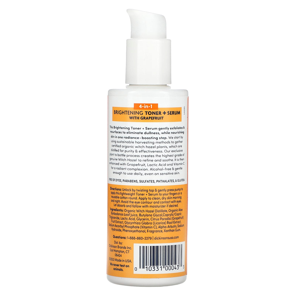 Dickinson Brands, Original Witch Hazel, осветляющий тоник 4-в-1 и сыворотка с грейпфрутом, без спирта, 118 мл (4 жидк. унц.)