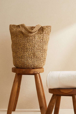 ZARA HOME БУМАЖНАЯ СУМКА-ТОУТ ИЗ БИСЕРА,  СВЕТЛО-БЕЖЕВЫЙ