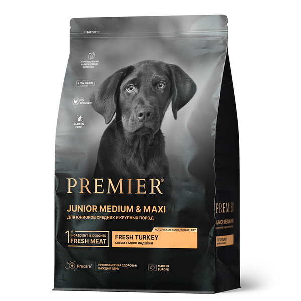 Сухой корм Premier Junior Medium & Maxi свежее мясо индейки, для юниоров сред. и круп. пород, 1 кг