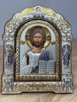 Спаситель, икона арочная с рамкой под стеклом, красное дерево 206х270
