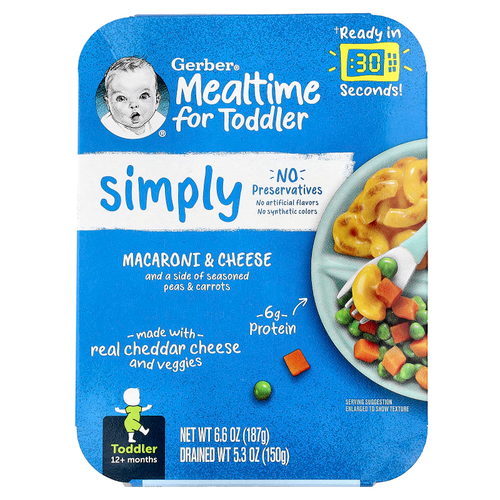 Gerber, Mealtime для малышей от 12 месяцев, макароны с сыром и гарниром из гороха и моркови, 187 г (6,6 унции)