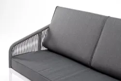 "Канны" диван 3-местный плетеный из роупа, каркас алюминий белый муар, роуп светло-серый круглый, ткань серая 017