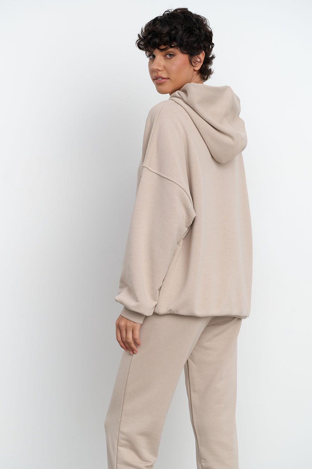 Худи свободного кроя из премиум футера серо-бежевого цвета