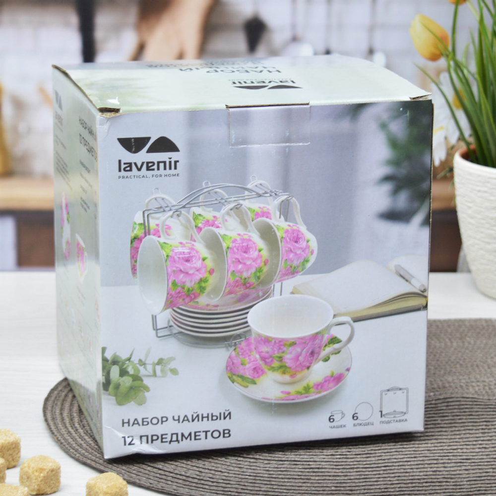 Чайный набор 12 предметов 230мл на подставке "Черный мрамор" (100373)