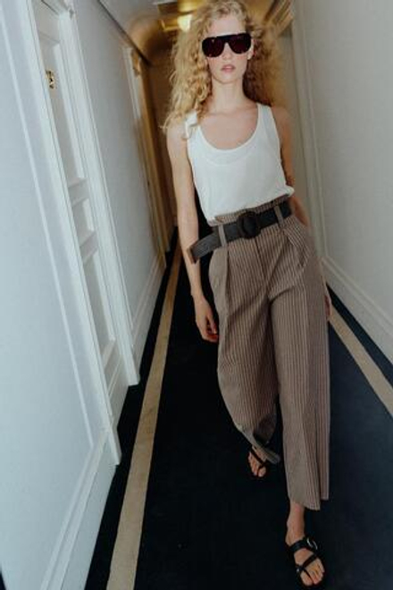 ZARA БРЮКИ В ПОЛОСКУ С РЕМНЕМ, КОРИЧНЕВЫЙ