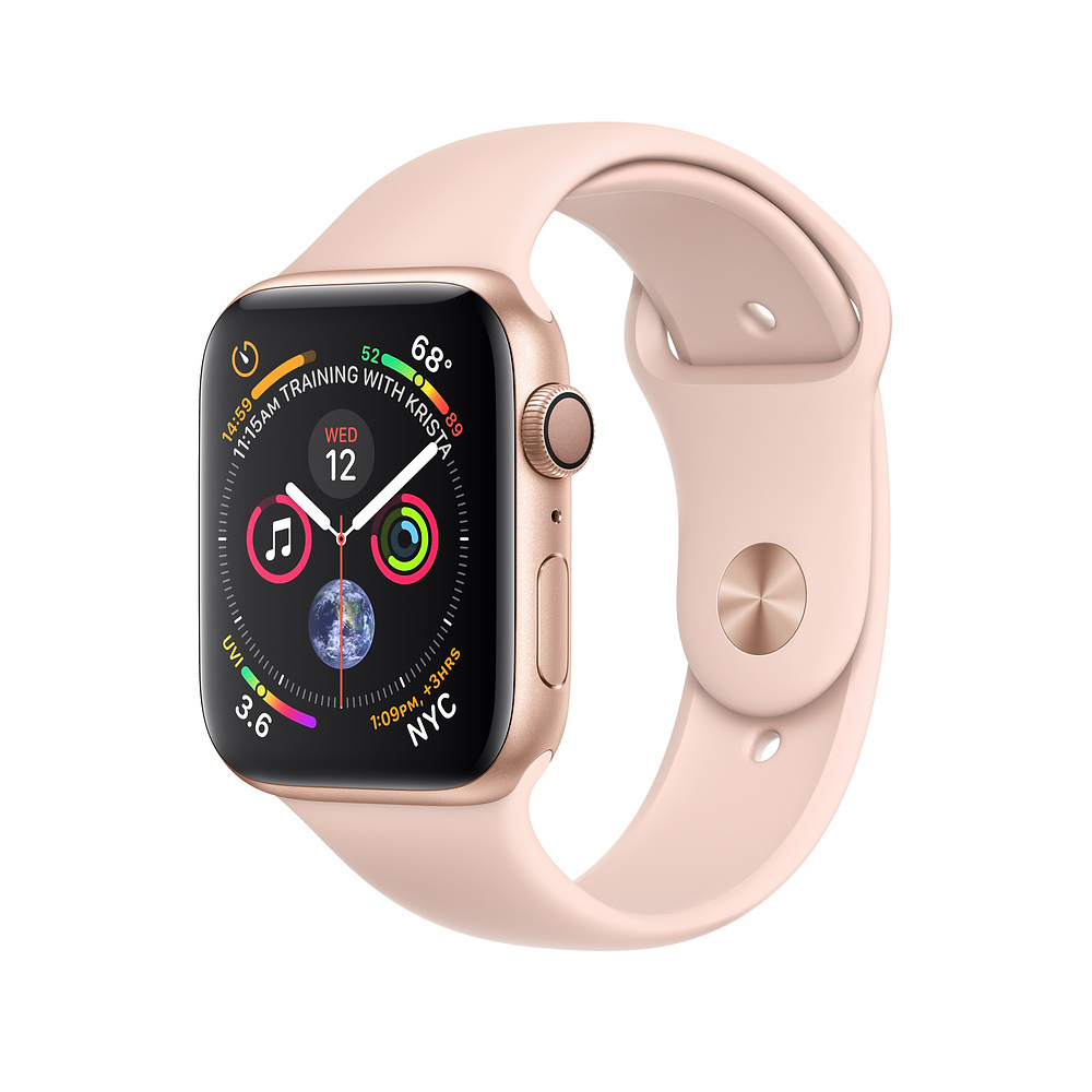 Apple Watch Series 4, 40 мм, корпус из алюминия золотого цвета, спортивный ремешок цвета «розовый песок»