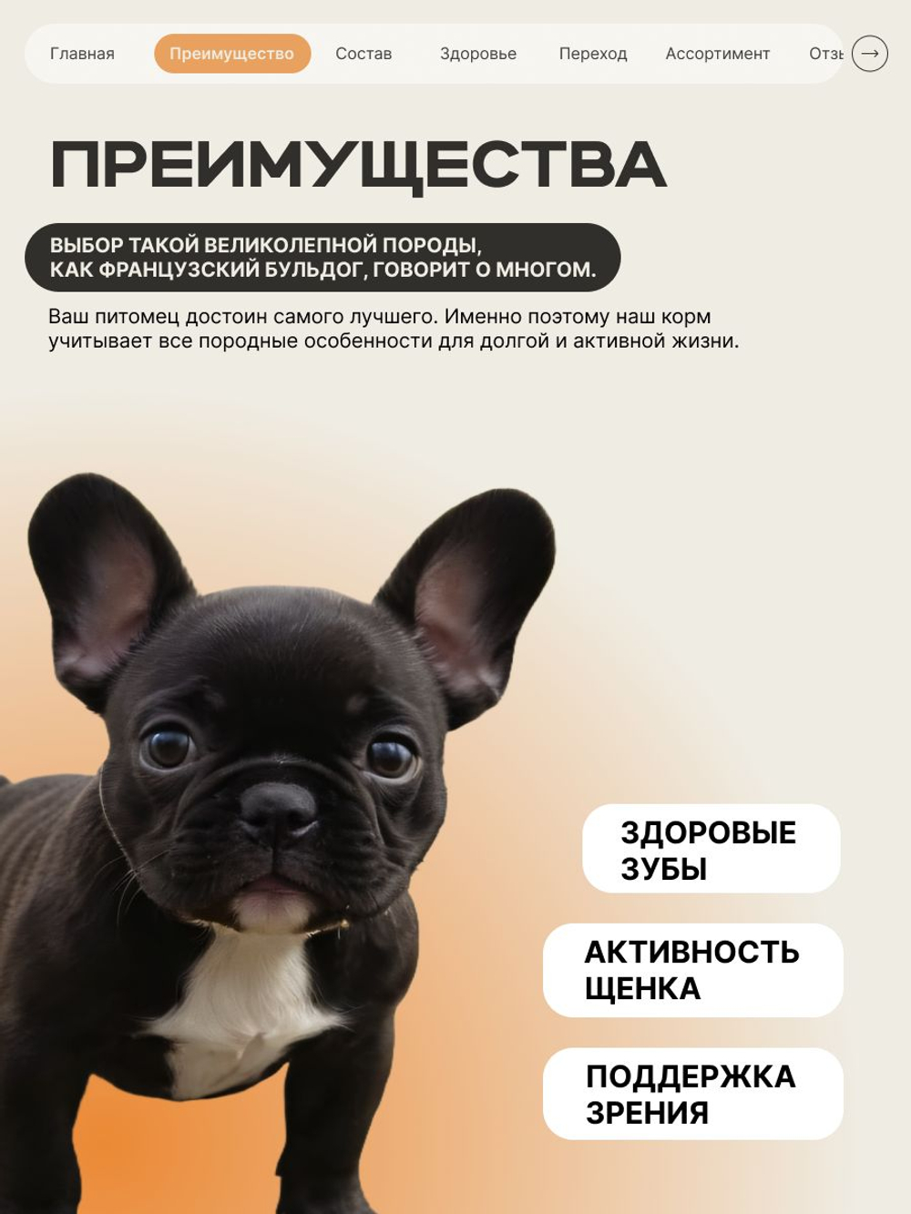 Корм сухой для щенков породы Французский бульдог, с индейкой, 800 гр, QUATTRO