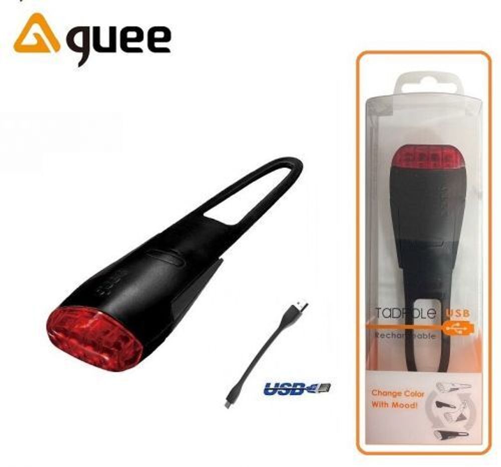 Фонарь задний GUEE, TADPOLE, аккумуляторный, USB, 3,7V/260mAh, 4 Super LED Light, блистер (черный, G