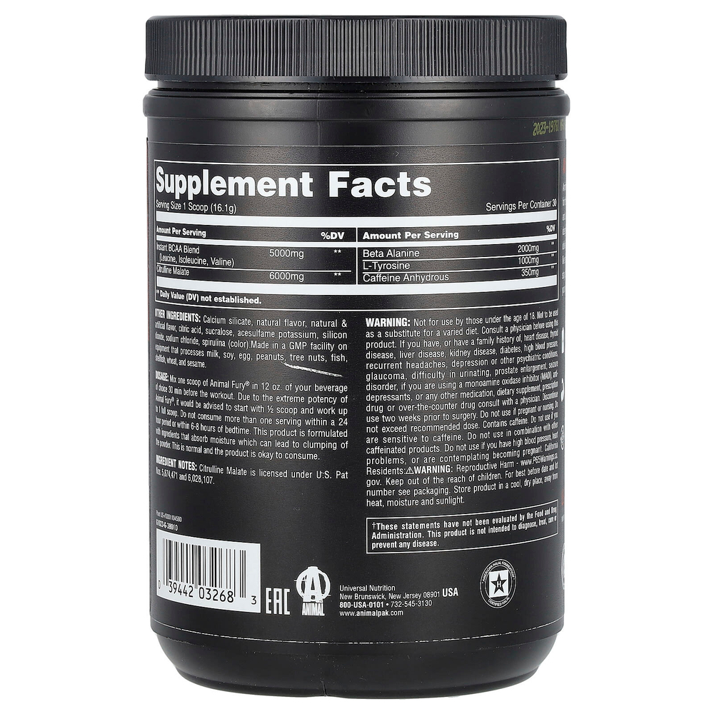 Animal, Fury® Essentials, предтренировочный комплекс, со вкусом зеленого яблока, 483 г (1,06 фунта)