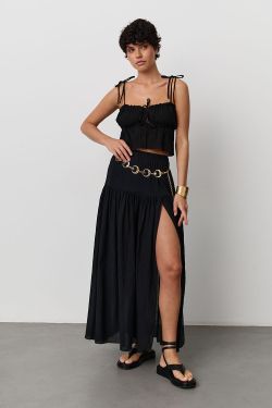 Юбка макси с разрезом из жатого хлопка черного цвета