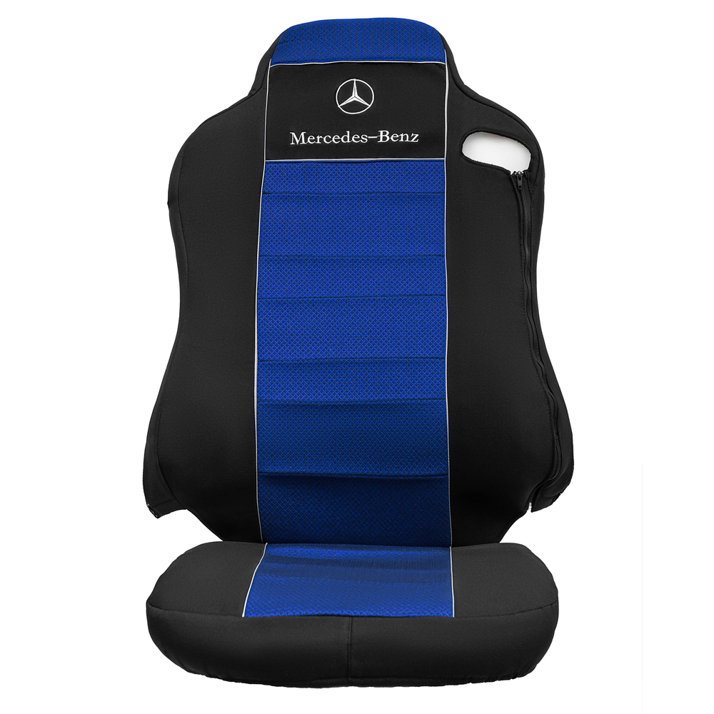 Чехлы Mercedes AXOR после 2014 года Высокие сиденья (полиэфир, черный, синяя вставка)