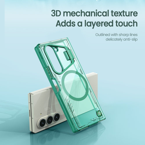 Чехол прозрачный зеленого цвета с поддержкой MagSafe от Nillkin с металлической откидной крышкой на Samsung Galaxy Z Fold 6 5G, серия Iceblade Fold Magnetic Case