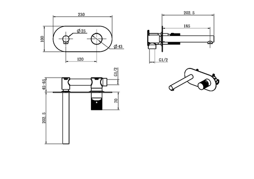 Смеситель для умывальник встроенный в стену Boheme STICK, Gun Metal TOUCH