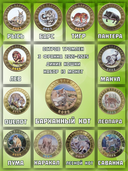 Остров Тромлен 3 франка 2021 - 2025 Дикие кошки набор 13 монет