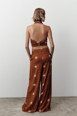 ZARA ШИРОКИЕ БРЮКИ С ПРИНТОМ «СОЛНЦЕ» ИЗ ЛЬНА, ТЕРРАКОТОВЫЙ