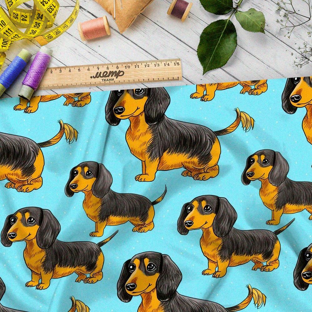 Ткань премиум атлас таксы на голубом