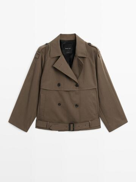 Massimo Dutti Короткий тренч с поясом, коричневый