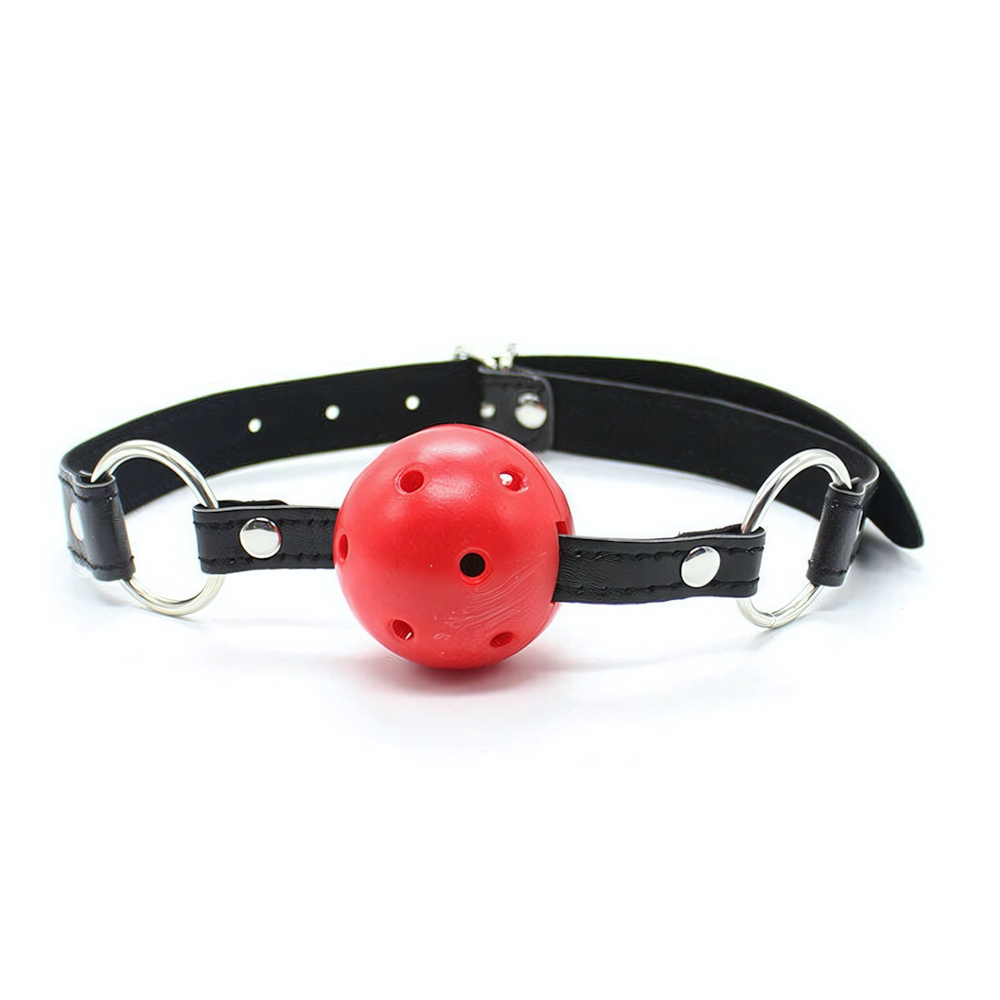Дышащий кляп на кожаном ремешке с застежкой Onjoy BDSM Breathable Ball Gag (красный) (Цвет: черный с красным)