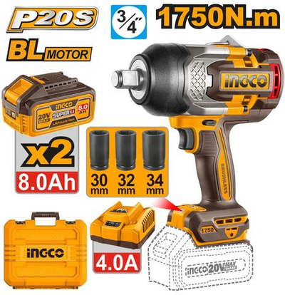 Аккумуляторный гайковерт BL 20В 1750Hm 3/4 2хАКБ и ЗУ SUPER INGCO CIWLI20175 INDUSTRIAL