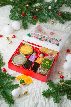 Набор №153 "2 баночки меда + 2 бутылки масла + чай + свеча + ложка"