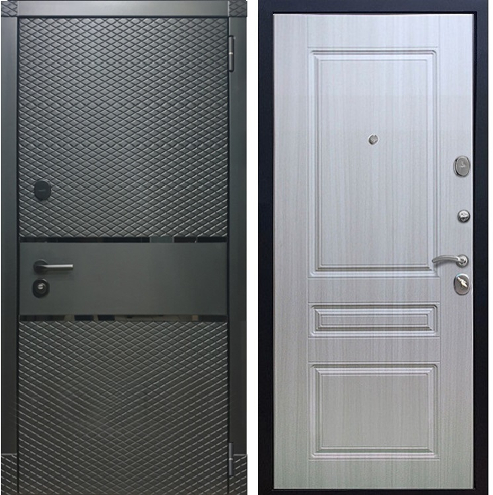Входная металлическая дверь RеX (РЕКС) 15 Чешуя кварц черный, фурнитура хром/ ФЛ-243 Сандал белый 16мм