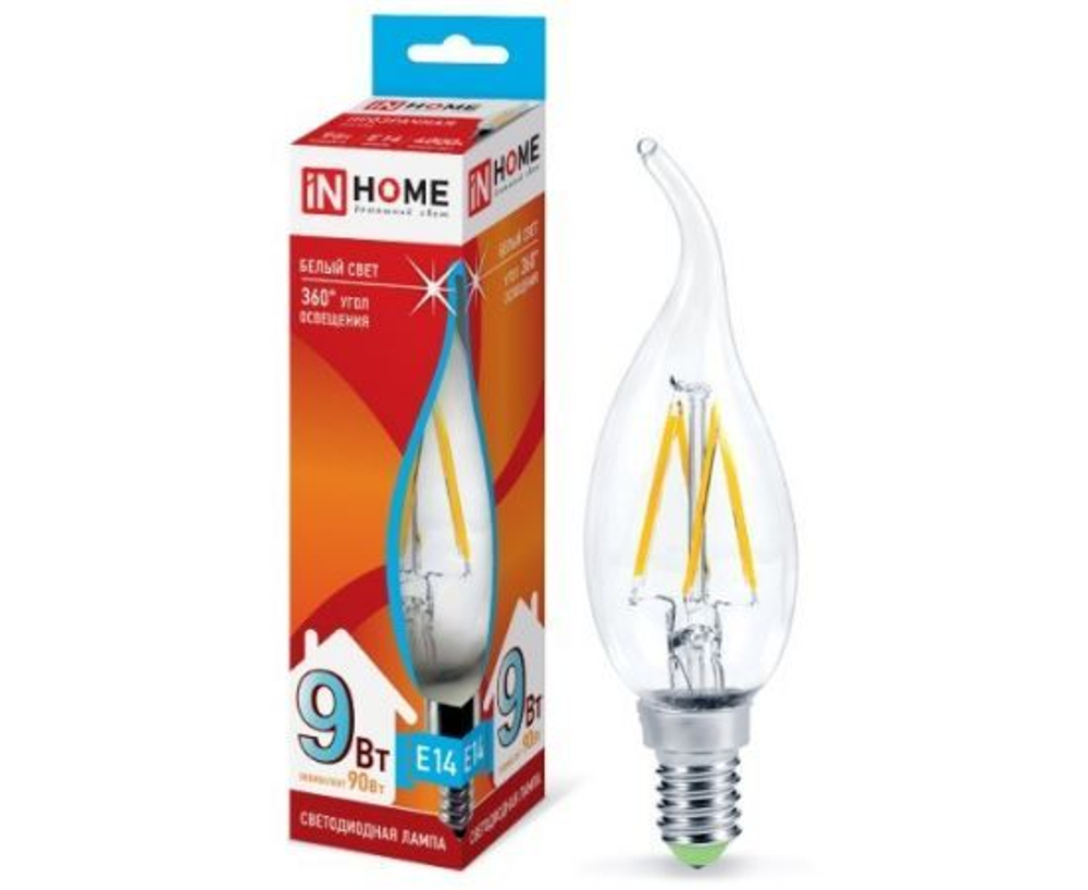 Лапочка ASD/InHome Deco Свеча на ветру C37 E14 9W(810lm) 4000К 4К 125x35 филамент (нитевидная) прозр. 6244, 1 шт.