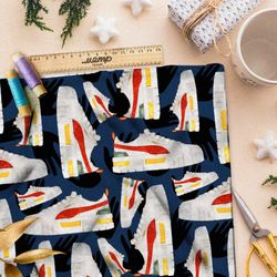 Ткань флис белые кроссовки с ярким рисунком на синем фоне