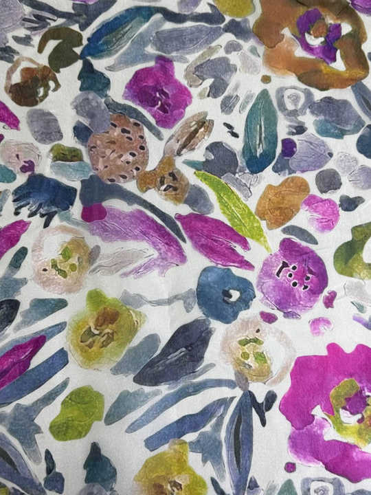 Шифон принт, silk, акварель фуксия/серый/горчица на молочном RH D2C3