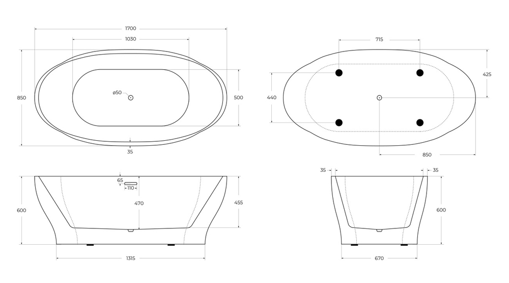 Ванна акриловая отдельностоящая BelBagno BB403-1700-850