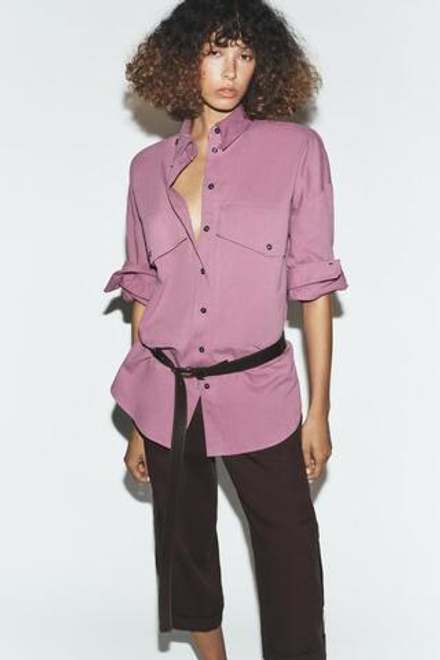 ZARA РУБАШКА ОВЕРСАЙЗ С ВОРОТНИКОМ-СТОЙКОЙ, ЦВЕТ МАЛЬВЫ