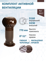Комплект активной вентиляции: Вентиляционный выход изолированный Vilpe D160/225 утепленный высота H=500 мм, проходной элемент SKAT для фальцевой и готовой кровли из битумной черепицы, турбодефлектор Ø 230 мм, коричневый