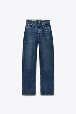 ZARA ДЖИНСЫ TRF MOM FIT HIGH WAIST, МОРСКОЙ СИНИЙ