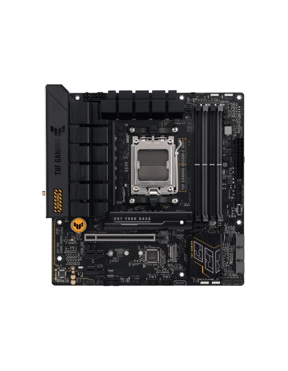 Материнская плата ASUS TUF GAMING B650M-E WIFI (Socket AM5, mATX, 4xDDR5(128GB), 4xDDR5(192GB), DP / HDMI, 2xPCIe 4.0x16 / 1xPCIe 4.0, 1xLAN (2.5GbE), Wi-Fi 6i, BT5.2, 4xSATA 6Gb / s, 3xM.2, 1xType-C, 4xUSB 3.2, 3xUSB 2.0)