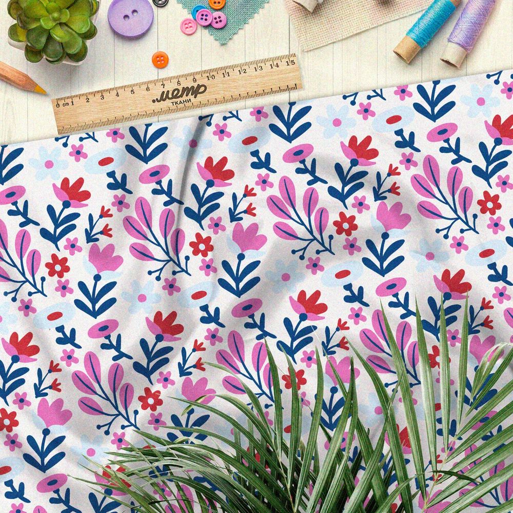 Ткань штапель розовое полевые цветы на бежевом фоне