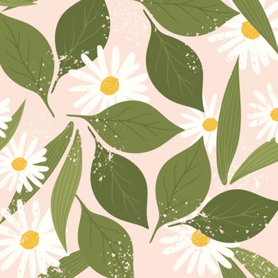 ромашки и листья летят хаотично. свежий цветочный принт