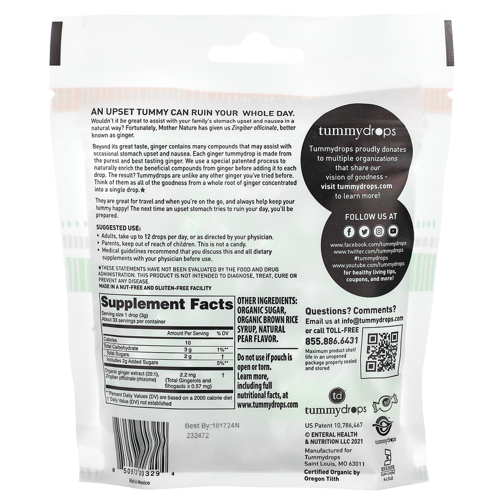 Tummydrops, органическая груша со сладким имбирем, 33 пастилки