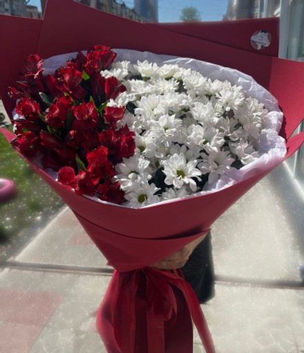 Букет гигант(хризантема кустовая ромашка,альстермерия бордовая)