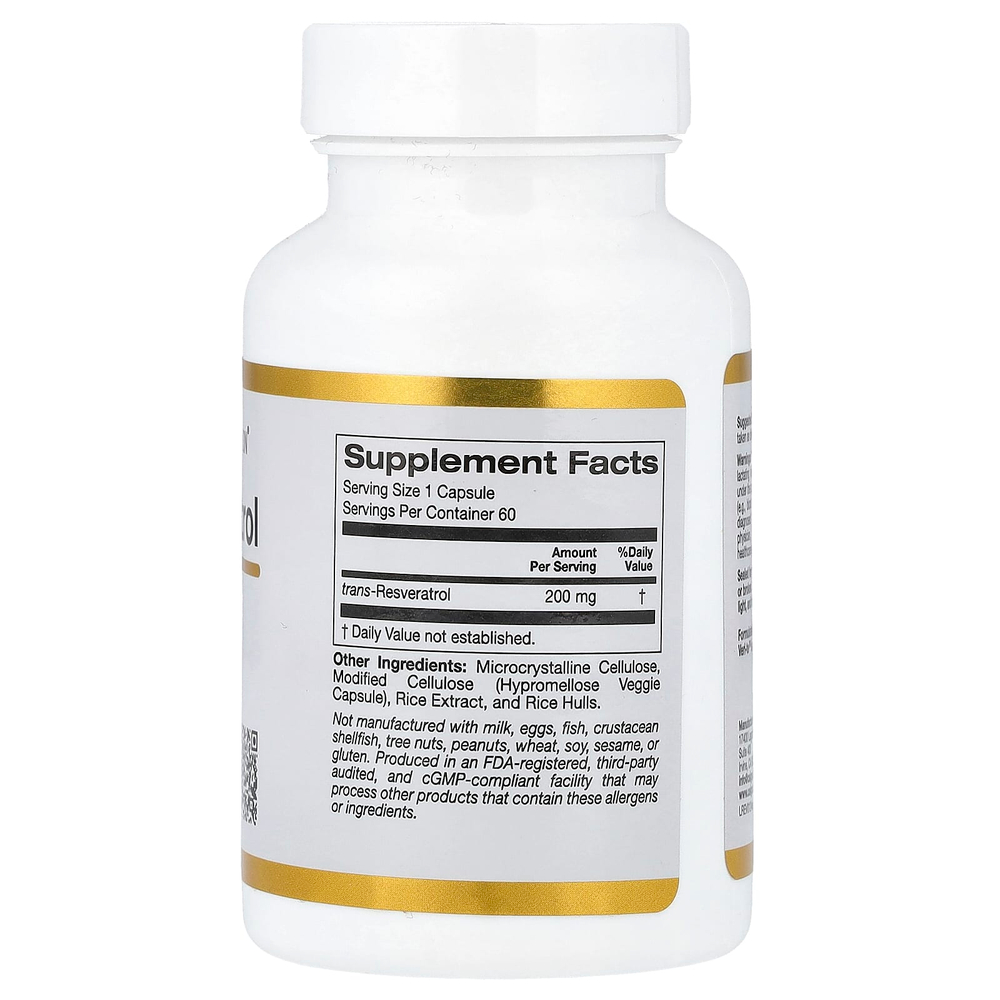 California Gold Nutrition, транс-ресвератрол, итальянского происхождения, 200 мг, 60 растительных капсул