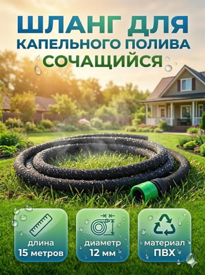 Шланг поливочный d12 мм (1/2») 15м ПВХ сочащий с коннекторами