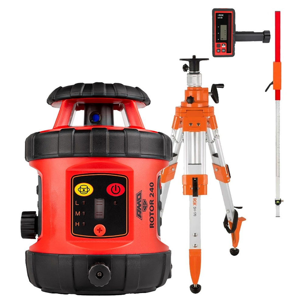 Комплект: ротационный нивелир AMO ROTOR 240 с калибровкой + штатив RGK SH-170, рейка RGK LR-2, приемник RGK LD-88